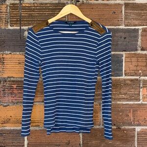 Lauren Ralph Lauren Navy and White Striped Long Sleeve Tee with Zippers